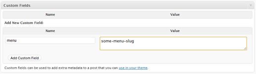 The Custom Fields box in the WordPress editor, adding a field named “menu” with the value “some-menu-slug”