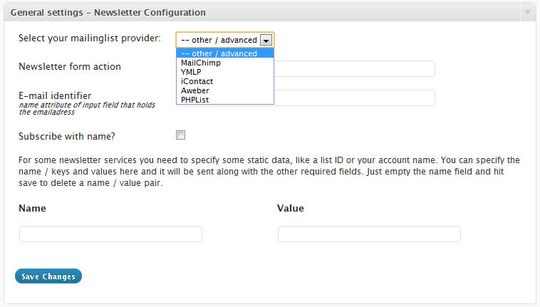 The general settings screen of the Newsletter Sign-Up plugin, with the mailing list provider dropdown open