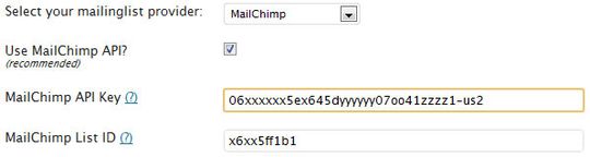 Mailchimp selected as the mailing list provider, with “Use MailChimp API?” ticked and fields for the API key and list ID