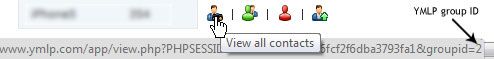 The YMLP contacts screen, with the browser status bar showing a link that ends in groupid=2