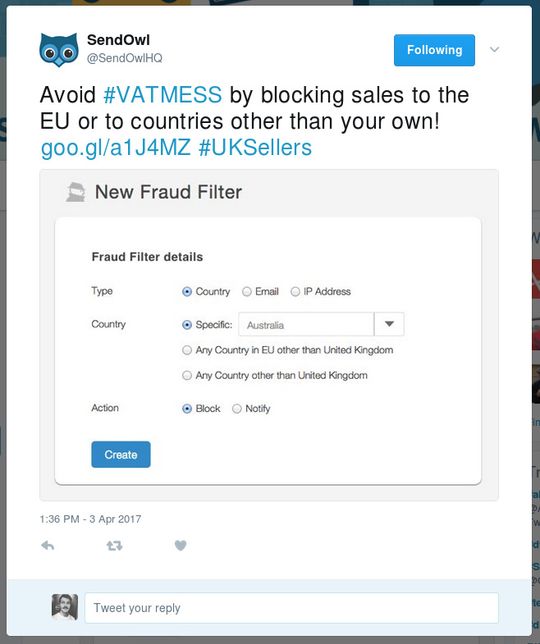 SendOwl’s tweet on their new country-blocking feature